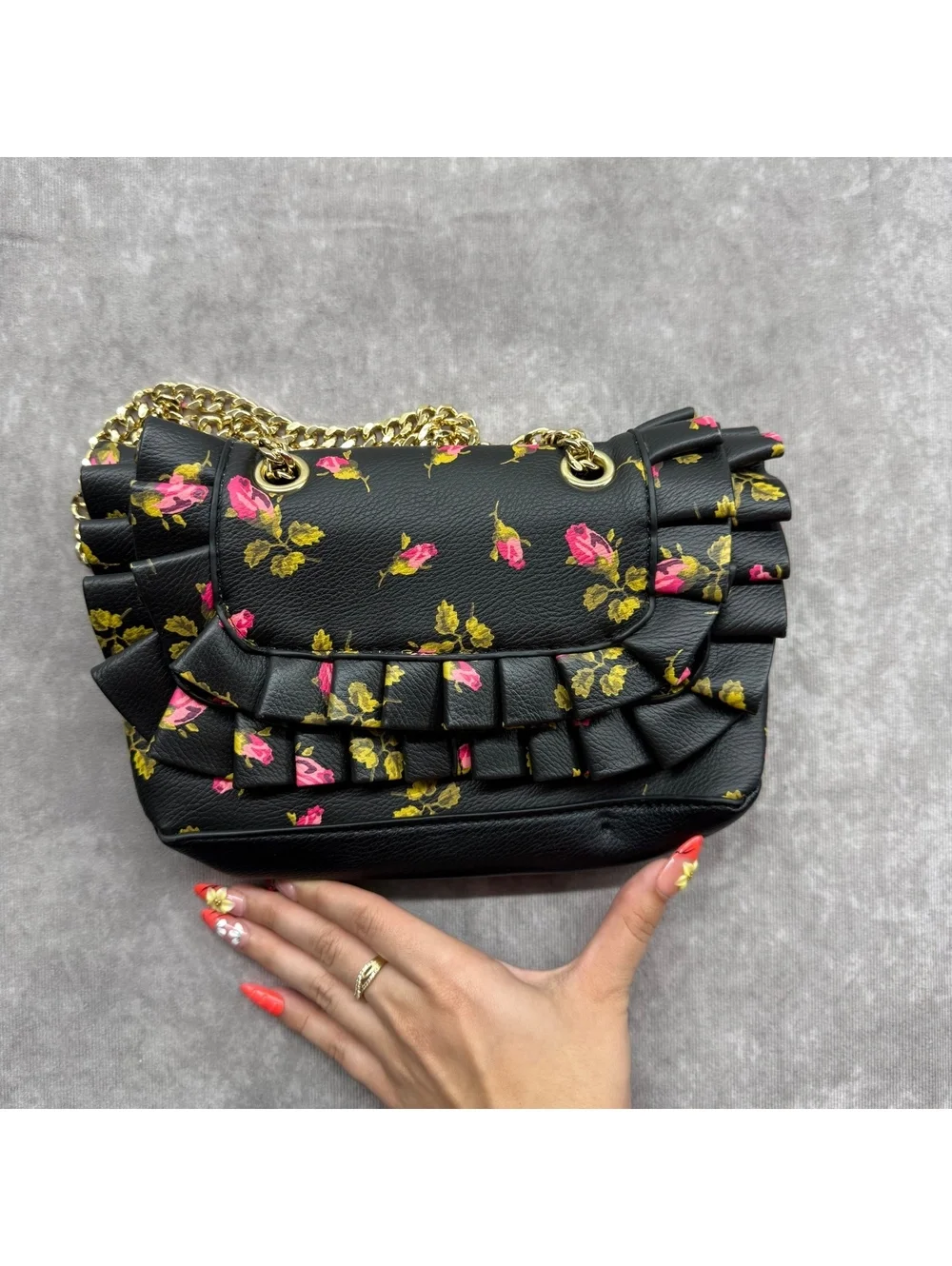 Betsey Johnson Black Floral Rose Print Ruffle Shoulder Bag Chain Crossbody
